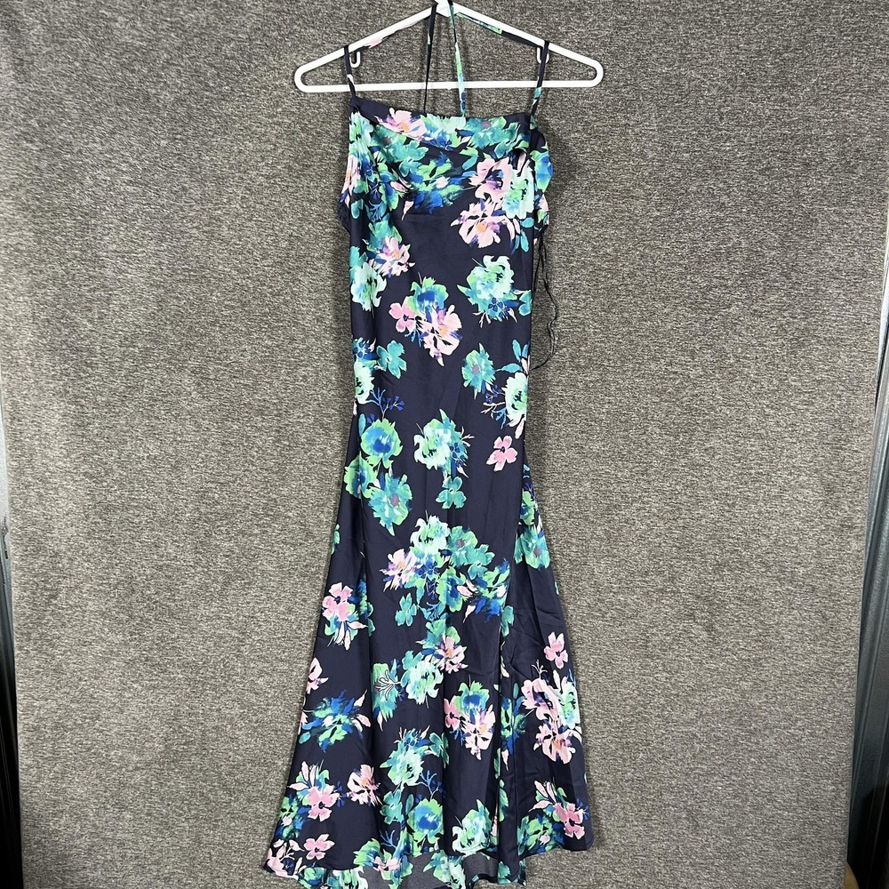 ASTR The Label Dress Womens XS Navy Midnight Floral Slip Satin Maxi Cowl Neck